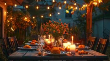 sera all'aperto cena impostare con caldo illuminazione e calendula fiori. giorno di il morto celebrazione. concetto di all'aperto festa, cena impostare, dia de los muertos foto