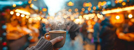 accogliente inverno scena con un' mano Tenere un' cottura a vapore rosso boccale nel un' festivo vacanza mercato. concetto di caldo bevande, vacanza allegria, inverno, festivo mercati. Natale foto