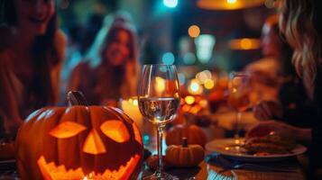 Halloween festa con lavorato zucche e vino occhiali. festivo tavolo. celebrazione, autunno atmosfera, sociale raccolta, spaventoso decorazioni, festa, Halloween cena concetto foto