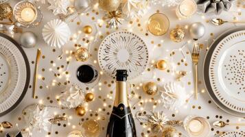 elegante vacanza tavolo ambientazione con Champagne bottiglia circondato di d'oro e argento decorazioni. concetto di festivo celebrazione cena, Natale, nuovo anno, festa arredamento foto