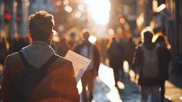 maschio volontario passaggio su opuscoli per pedoni su un' vivace città strada. caucasico uomo distribuzione politico volantini. concetto di promozione, pubblico comunicazione, città vita, elezioni foto