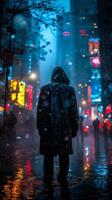 incappucciato figura a piedi attraverso illuminato al neon strada nel il pioggia. un' uomo nel un' nero mantello. sconosciuto. urbano notte scena. concetto di mistero, solitudine, città vita, atmosferico scena foto