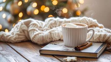 accogliente ambientazione con un' caldo cioccolato boccale sormontato con marshmallows e un Aperto libro sotto caldo Fata luci. concetto di rilassamento, comfort, lettura, inverno calore, Natale foto