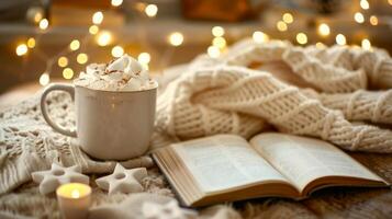 accogliente ambientazione con un' caldo cioccolato boccale sormontato con marshmallows e un Aperto libro sotto caldo Fata luci. concetto di rilassamento, comfort, lettura, inverno calore, Natale foto