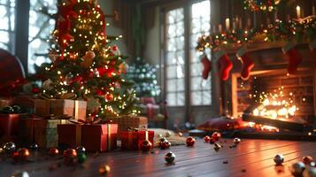 accogliente vacanza vivente camera con un' decorato Natale albero e i regali. caldo festivo ambiente. concetto di celebrazione, casa arredamento, vacanza stagione, inverno calore foto