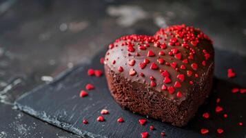 illustrazione di un' cuore sagomato cioccolato torta su nero cucina scrivania foto