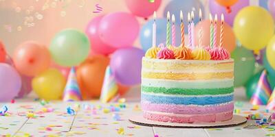 illustrazione di un' arcobaleno colorato torta con candele e festa palloncini foto