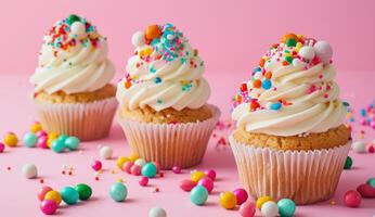 illustrazione di pastello decorato compleanno muffin con crema e springkles su rosa sfondo foto