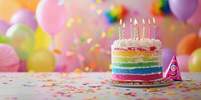 illustrazione di un' arcobaleno colorato torta con candele e festa palloncini foto