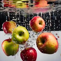 fresco rosso mele spruzzo nel acqua, la creazione di un' vivace e salutare Immagine di della natura succoso bontà foto