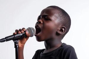 emotivo giovane africano americano ragazzo cantando con microfono su bianca sfondo. foto