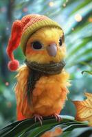 un' pappagallo indossare un' rosso e giallo a maglia cappello e sciarpa, nel un' giungla con festivo luci nel il sfondo. per memi pubblicità o decorativo bambini libro illustrazioni. meme foto