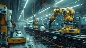 un' fabbrica con robot Lavorando su un' trasportatore cintura foto