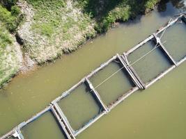 vista dall'alto fattoria d'acqua dolce, vista aerea della fattoria di pesce agricolo sulla superficie dell'acqua del fiume, fattoria di tilapia foto