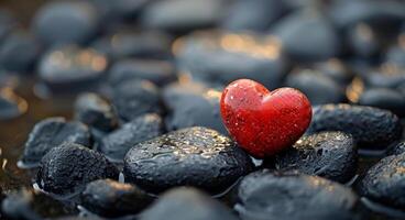 rosso cuore su il nero pietre dopo il pioggia. nero ciottoli con rosso cuore nel il mezzo foto