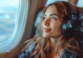 giovane donna ascoltando per musica su cuffie nel il aereo foto