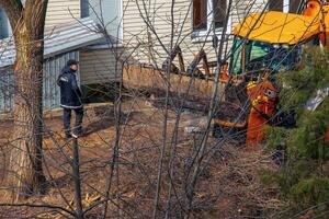 dnepr, Ucraina - 20.03.2024 un' bulldozer raccoglie rami dopo potatura alberi foto