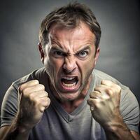 arrabbiato uomo con stretto pugni esprimendo intenso rabbia e frustrazione su un' buio sfondo foto