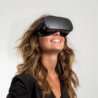 donna utilizzando virtuale la realtà cuffia, in mostra un' miscela di tecnologia, bianca sfondo foto