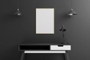 poster in legno verticale o modello di cornice per foto con tavolo all'interno del soggiorno su sfondo nero vuoto della parete. rendering 3D.