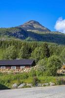 bella capanna marrone con panorama di montagna, hemsedal, norvegia. foto