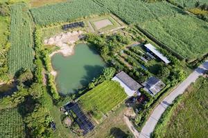 modello di vista aerea di agricoltura mista con casa, piantagione e stagno in terreni agricoli foto