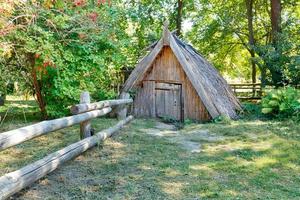 una vecchia cantina ricoperta di canne e tetto di paglia nel giardino estivo di una tenuta di campagna. foto