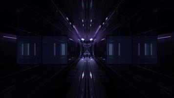 Illustrazione 3d del corridoio scuro simmetrico con luce viola in 4k uhd foto