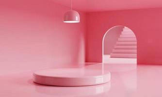 stanza vuota rosa con podio per la pubblicità in uno sfondo minimo. architettura e concetto di presentazione del prodotto aziendale. tema monocolore. Rendering dell'illustrazione 3D. foto