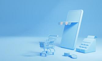 shopping online e concetto di consegna con copia spazio su sfondo blu. negozio di e-commerce per attività e consegne. Rendering di illustrazione 3D foto
