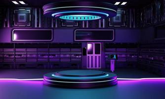 all'interno del laboratorio dell'astronave architettura interna e podio vuoto per la presentazione del prodotto cyberpunk. tecnologia e concetto di fantascienza. Rendering di illustrazione 3D foto