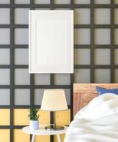 camera da letto con letto e cornice fissata al muro. stile 3D. foto