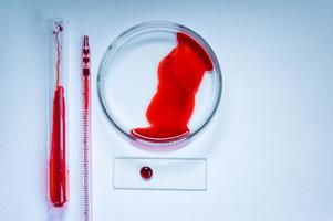 laboratorio medico. una provetta e una capsula di Petri con sangue su uno sfondo bianco. il concetto di ricerca di laboratorio. foto