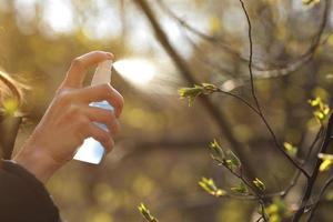 le mani femminili tengono il contenitore e spruzzano il ramo di un albero con boccioli contro la luce solare intensa in giardino. cura e trattamento delle piante. messa a fuoco selettiva foto