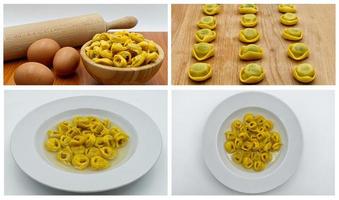 collage di foto istruzioni passo passo per realizzare i tradizionali tortellini in brodo. cibo collage di deliziosi tortellini italiani in brodo.