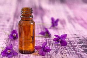 olio e fiore di viole, pietre zen su fondo di legno viola foto