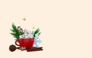 tazza rossa di cioccolata calda con panna, stecca di cannella, biscotti e addobbi natalizi foto