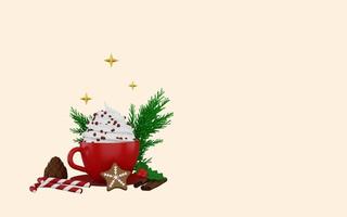 tazza rossa di cioccolata calda con panna, stecca di cannella, biscotti e addobbi natalizi foto