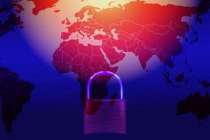 sistemi di sicurezza dei dati computer con lucchetto bloccato sulla mappa del mondo per proteggere la criminalità da un hacker anonimo internet e rete dati - sfondo tecnologico concetto di sicurezza informatica
