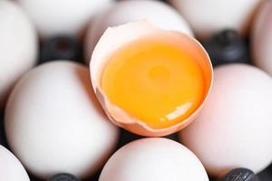 tuorlo d'uovo fresco rotto, uova di anatra bianche raccolte da prodotti agricoli naturali in un cesto mangiare sano foto