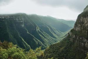 fortaleza canyon con ripide scogliere rocciose ricoperte da fitta foresta e nebbia che sale il burrone vicino a cambara do sul. una piccola cittadina di campagna nel sud del Brasile con incredibili attrazioni turistiche naturali. foto