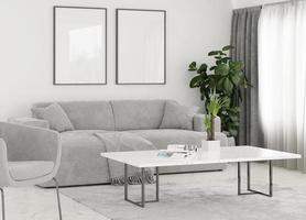 mockup di foto con cornice in tela in una stanza pulita e minimalista con divano marrone e rendering 3d di piante