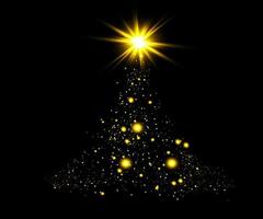 luci dell'albero di Natale in oro chiaro con fiocchi di neve e stelle gialle sovrapposte su nero. foto