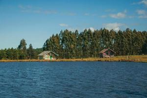 cambara do sul, brasile - 18 luglio 2019. affascinanti chalet in legno di fronte a un lago di acqua blu in un paesaggio collinare con alberi e cespugli secchi vicino a cambara do sul. foto