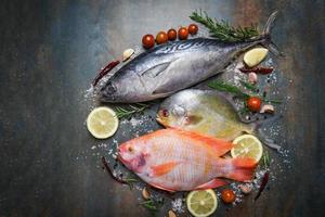 pesce fresco con erbe spezie rosmarino e limone aglio pomodoro per cibi cotti - pesce crudo tilapia rossa tonno e pesce pomfret su fondo piatto scuro foto