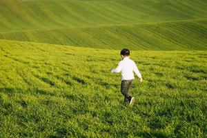 vista posteriore su un ragazzino carino. bambino che cammina verso l'orizzonte nel prato verde foto