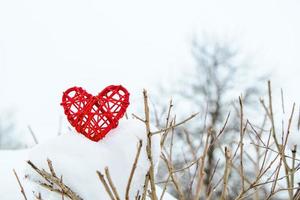 cuore rosso in legno su sfondo di rami di albero innevati. San Valentino ecologico. foto