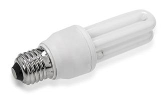 lampadina bianca a risparmio energetico, lampadina illuminata, lampadina cfl, immagine fotografica realistica su sfondo bianco foto