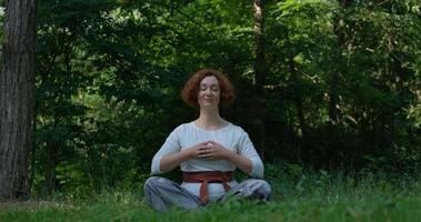 femmina che pratica qigong e meditazione nel parco estivo o nella foresta foto