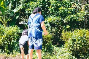 la vista posteriore della famiglia stava imparando un albero frondoso. simpatica bambina di 4 anni e sua madre stanno nel pomeriggio a guardare la natura. foto